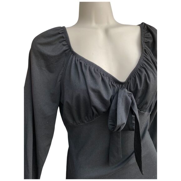 Black Tie Front Long Sleeve Bodysuit Sz S Whimsigoth Coquette Chic Basic Stretch - Picture 6 of 9